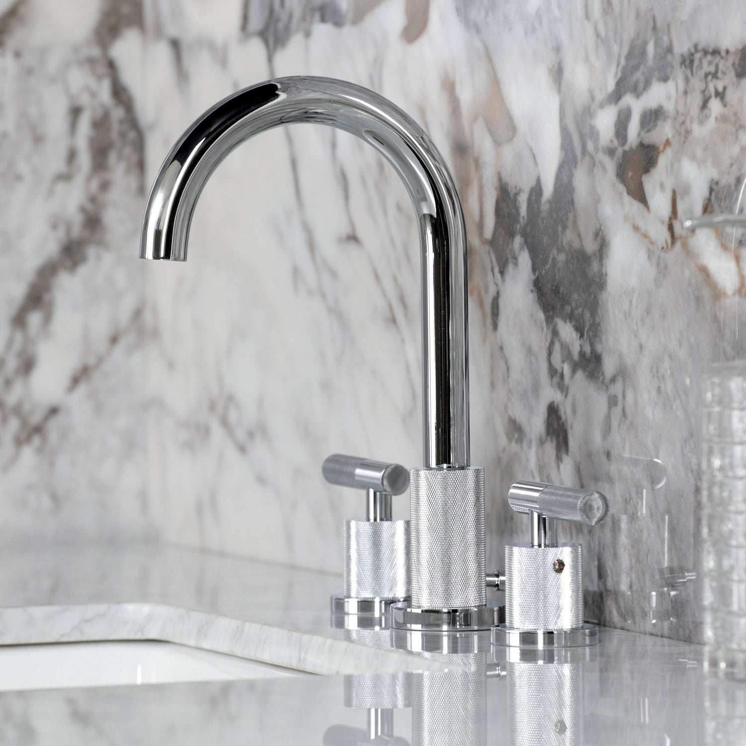 Kingston Sona FSC8921KNL - Convergent Two-Handle 3-Hole Deck Mount Widespread Bathroom Faucet with Knurled Handle and Brass Pop-Up, Polished Chrome — thumbnail 2